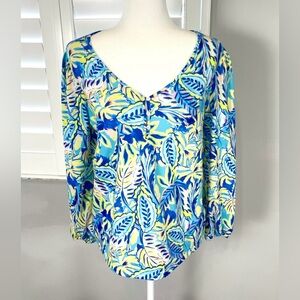 Stella Parker Collection Bell Sleeve Tropical Shirt Blue & Yellow Woman’s‎ S